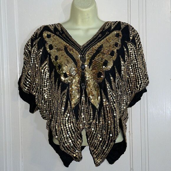 Vtg 70s/80s black silk & gold sequin disco butterfly blouse - Picture 1 of 8
